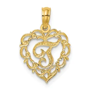 14K Yellow Gold Heart Shape Fancy Script Letter T Initial Charm Pendant