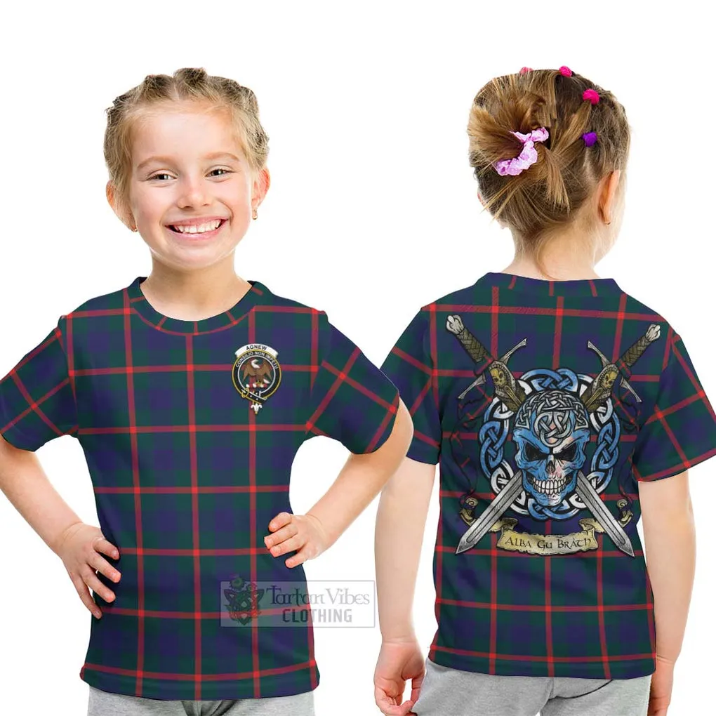 Agnew Tartan Kid T-Shirt with Family Crest Celtic Skull Style