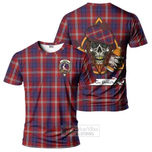 Ainslie Tartan T-Shirt with Family Crest and Bearded Skull Holding Bottles of Whiskey