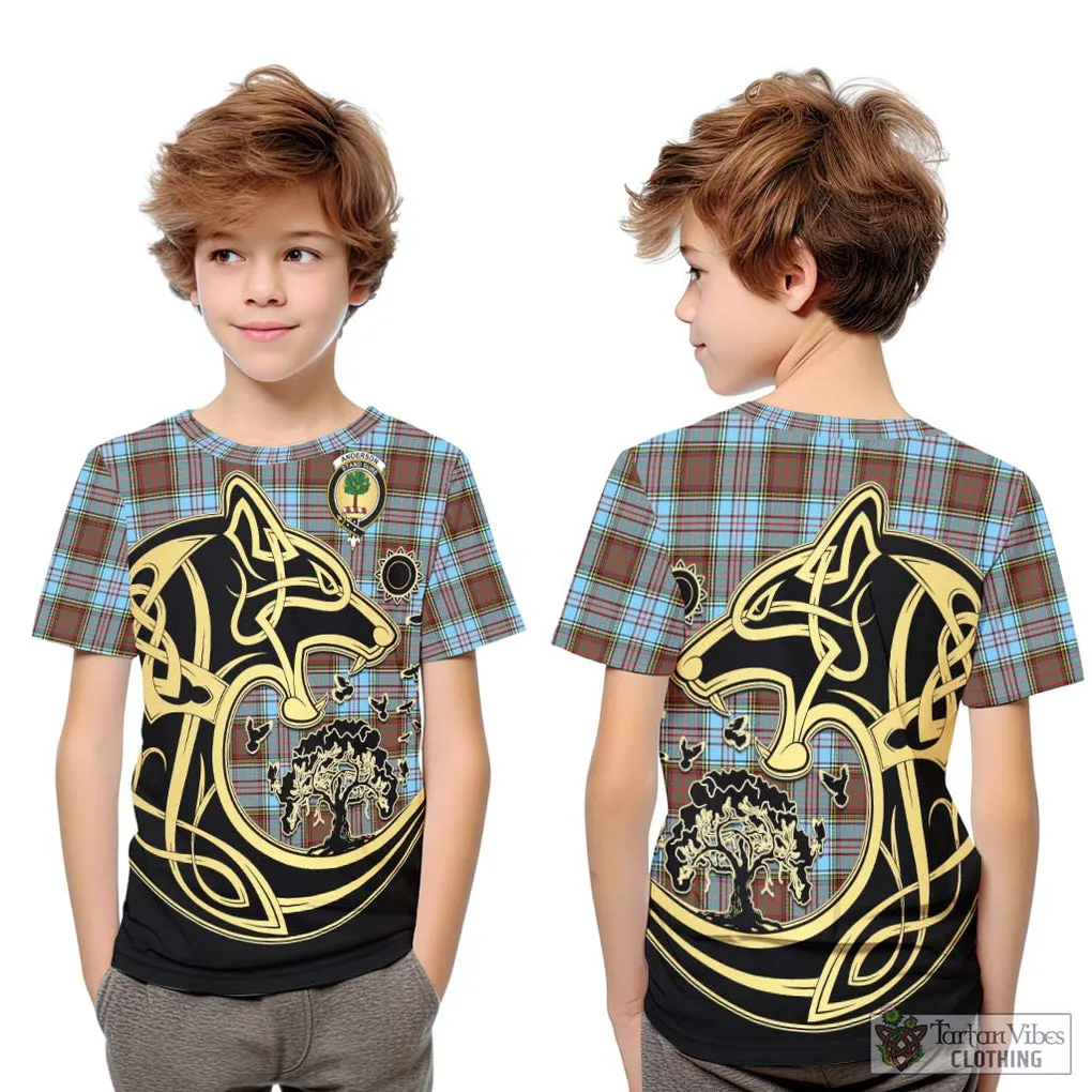 Anderson Ancient Tartan Kid T-Shirt with Family Crest Celtic Wolf Style