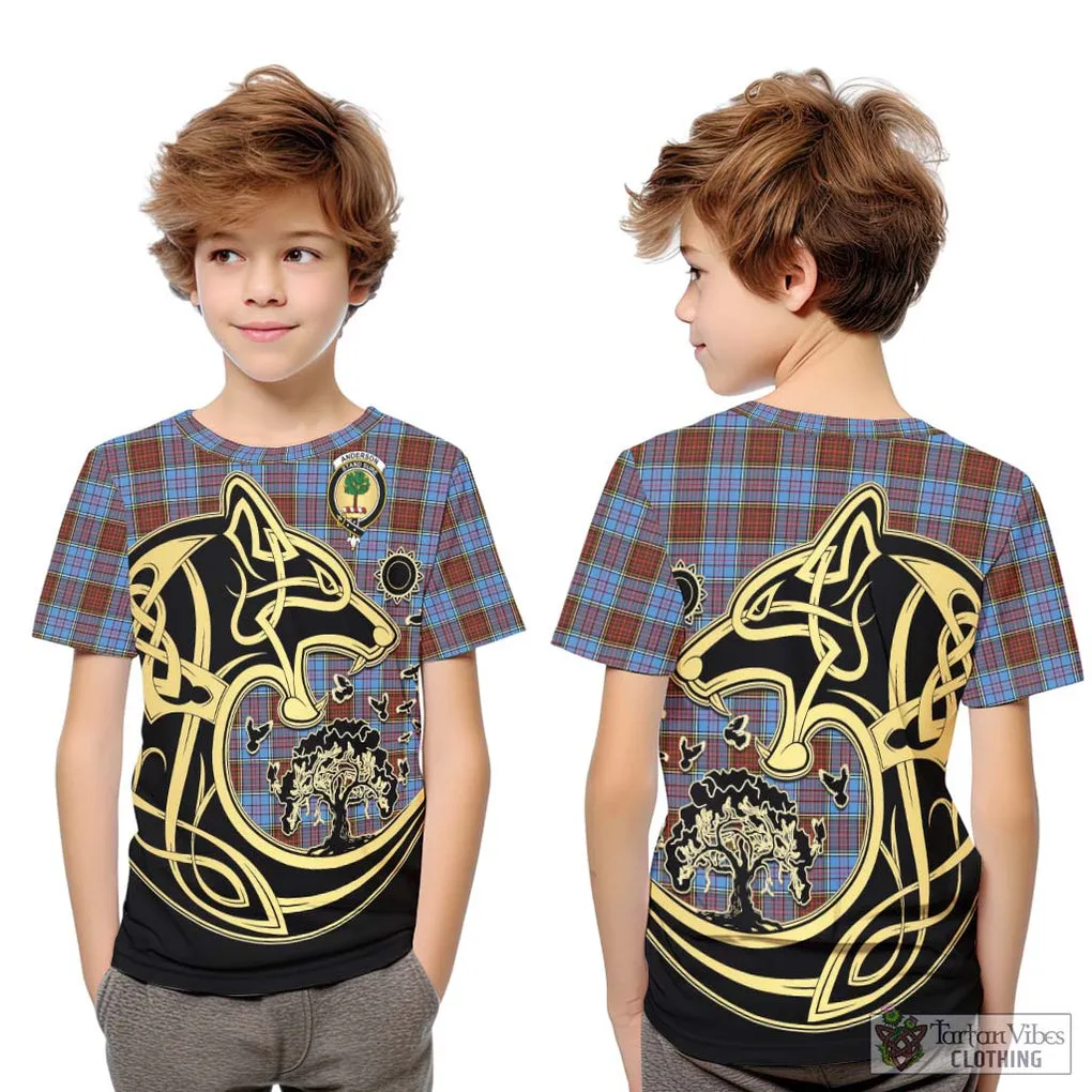 Anderson Modern Tartan Kid T-Shirt with Family Crest Celtic Wolf Style