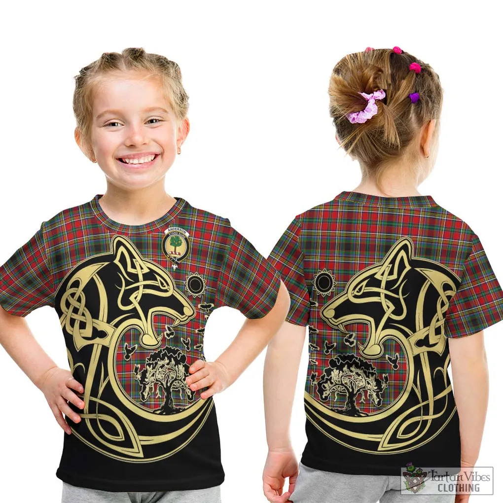 Anderson of Arbrake Tartan Kid T-Shirt with Family Crest Celtic Wolf Style