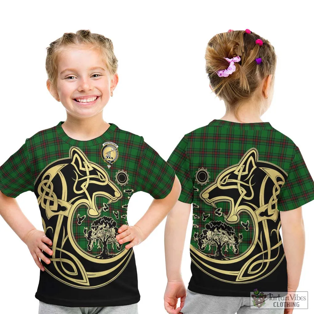 Anstruther Tartan Kid T-Shirt with Family Crest Celtic Wolf Style