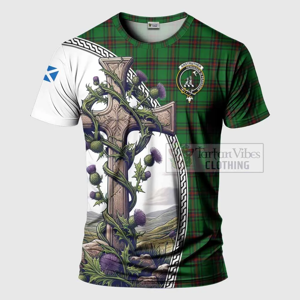 Anstruther Tartan T-Shirt with Family Crest and St. Andrew's Cross Accented by Thistle Vines