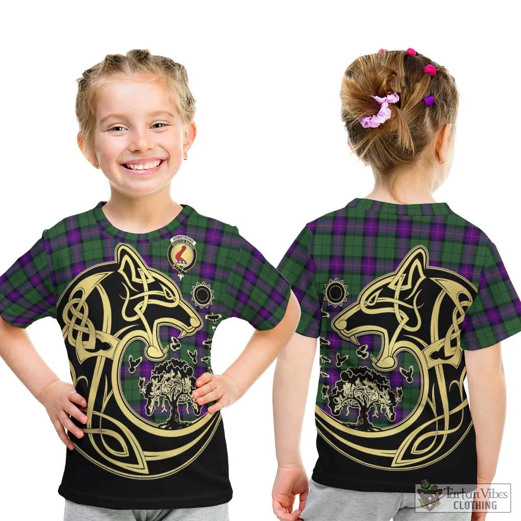 Armstrong Modern Tartan Kid T-Shirt with Family Crest Celtic Wolf Style