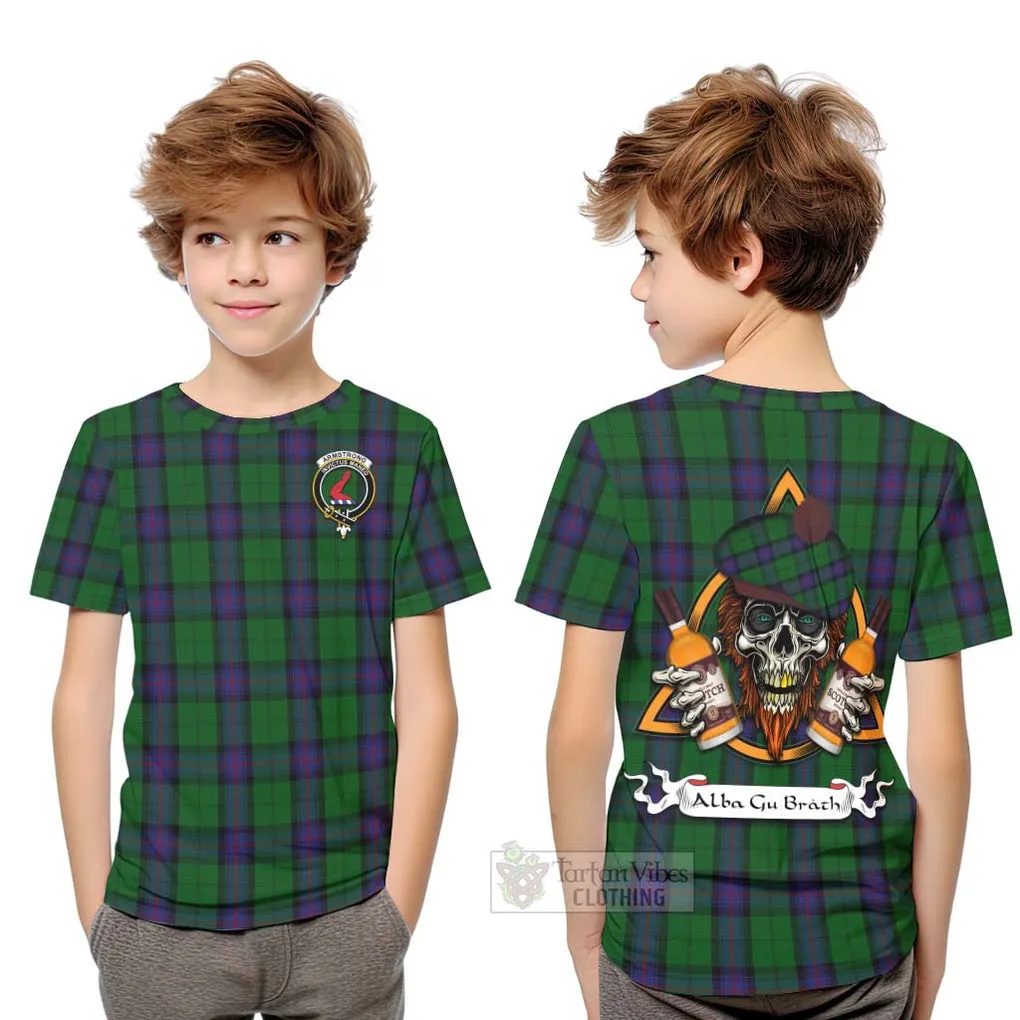 Armstrong Tartan Kid T-Shirt with Family Crest and Bearded Skull Holding Bottles of Whiskey