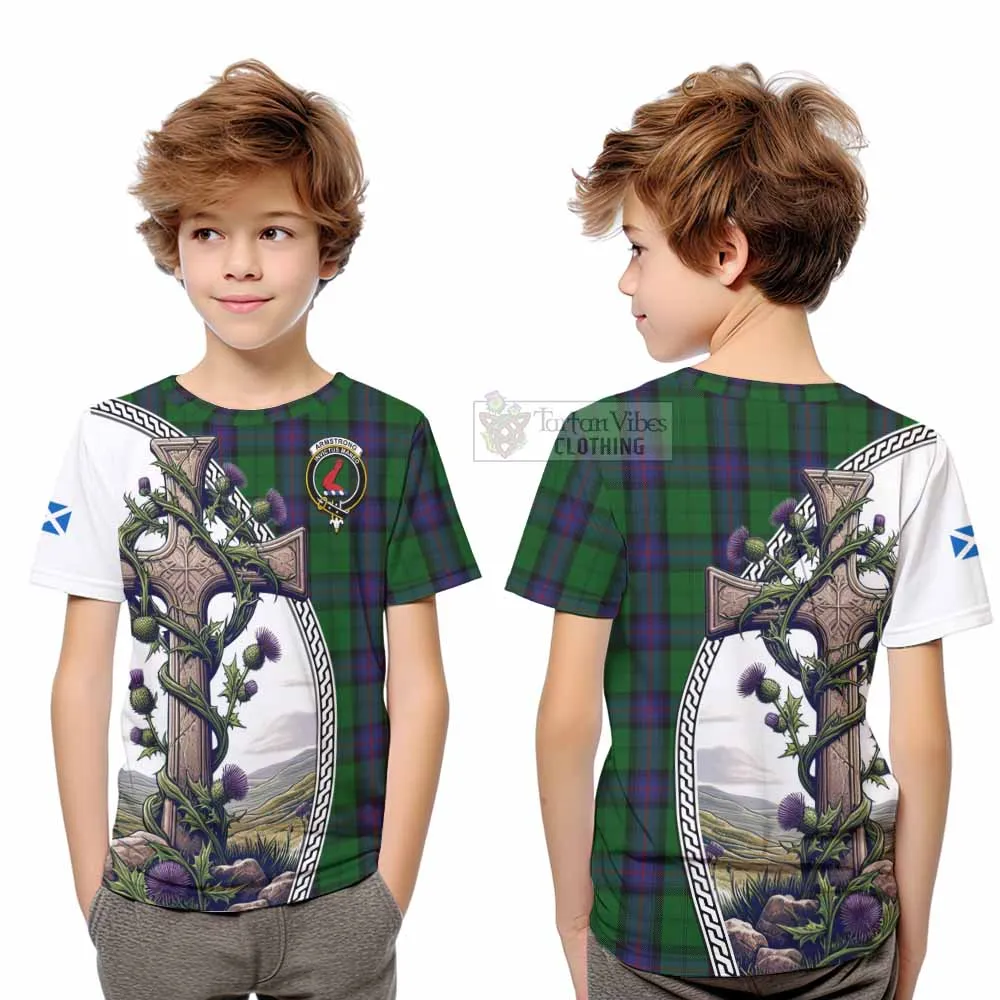 Armstrong Tartan Kid T-Shirt with Family Crest and St. Andrew's Cross Accented by Thistle Vines