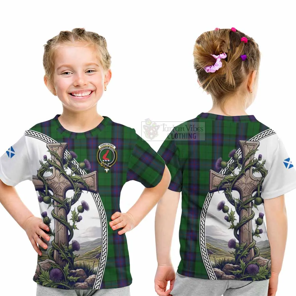 Armstrong Tartan Kid T-Shirt with Family Crest and St. Andrew's Cross Accented by Thistle Vines