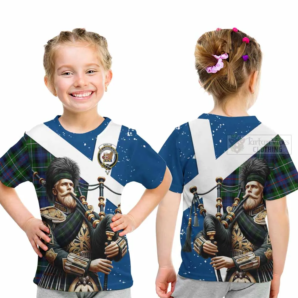 Baillie (Bailey) Tartan Kid T-Shirt with Family Crest Scottish Bagpiper Vibes