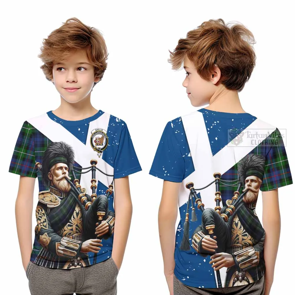 Baillie (Bailey) Tartan Kid T-Shirt with Family Crest Scottish Bagpiper Vibes