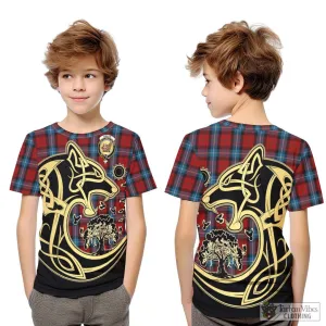 Baillie of Polkemmet Red Tartan Kid T-Shirt with Family Crest Celtic Wolf Style