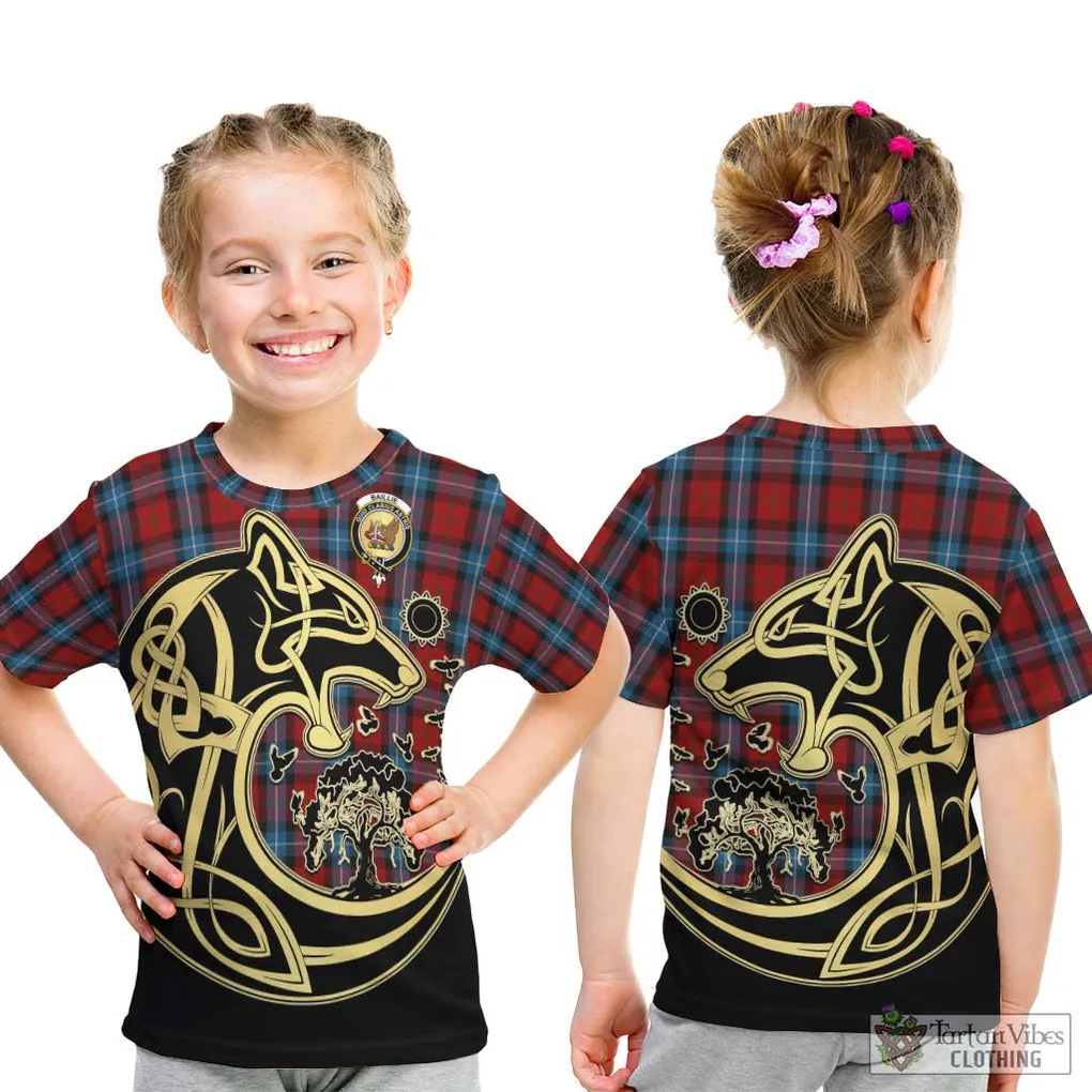 Baillie of Polkemmet Red Tartan Kid T-Shirt with Family Crest Celtic Wolf Style