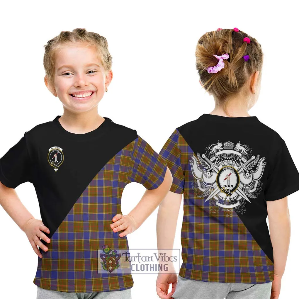 Balfour Tartan Kid T-Shirt with Family Crest and Military Logo Style