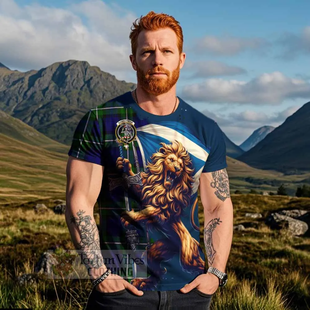 Bannerman Tartan Family Crest T-Shirt with Scottish Majestic Lion