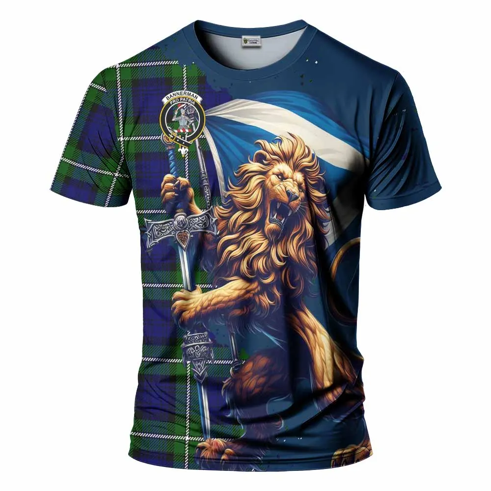 Bannerman Tartan Family Crest T-Shirt with Scottish Majestic Lion