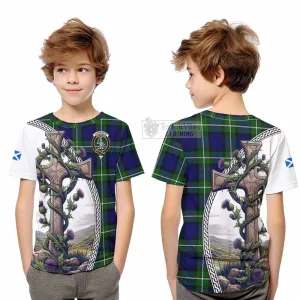 Bannerman Tartan Kid T-Shirt with Family Crest and St. Andrew's Cross Accented by Thistle Vines