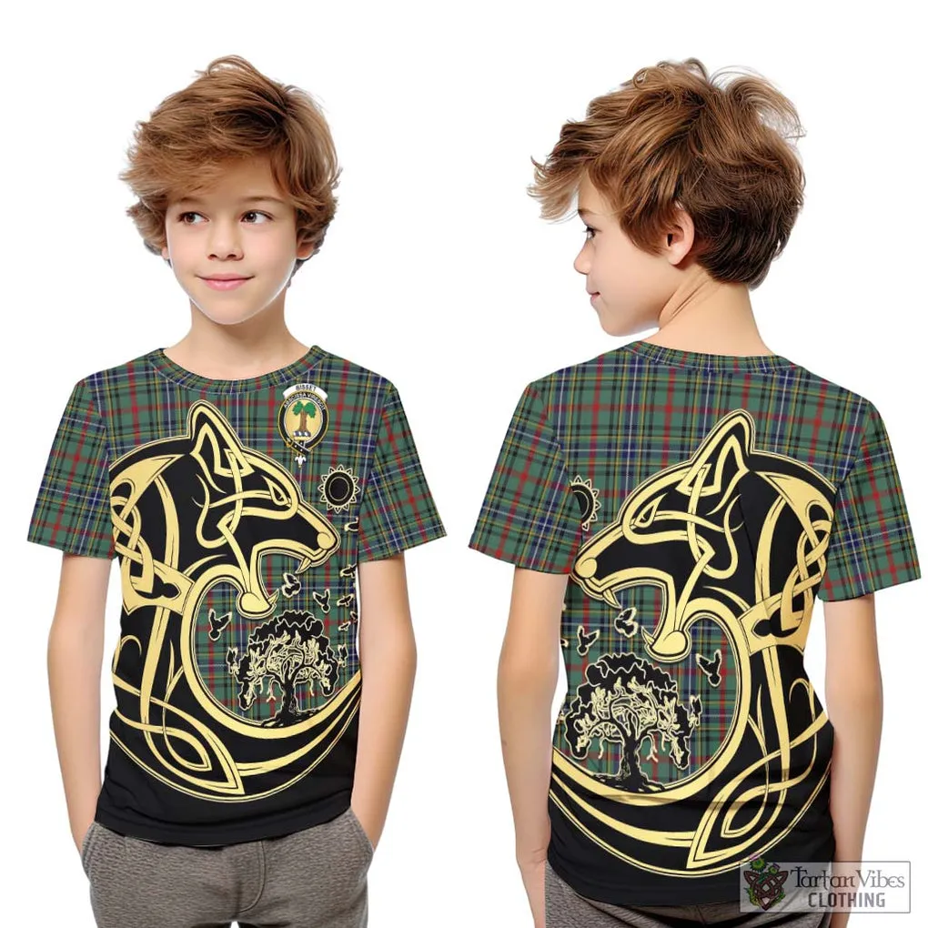 Bisset Tartan Kid T-Shirt with Family Crest Celtic Wolf Style