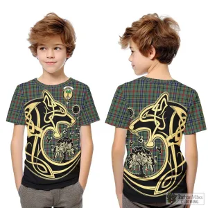 Bisset Tartan Kid T-Shirt with Family Crest Celtic Wolf Style