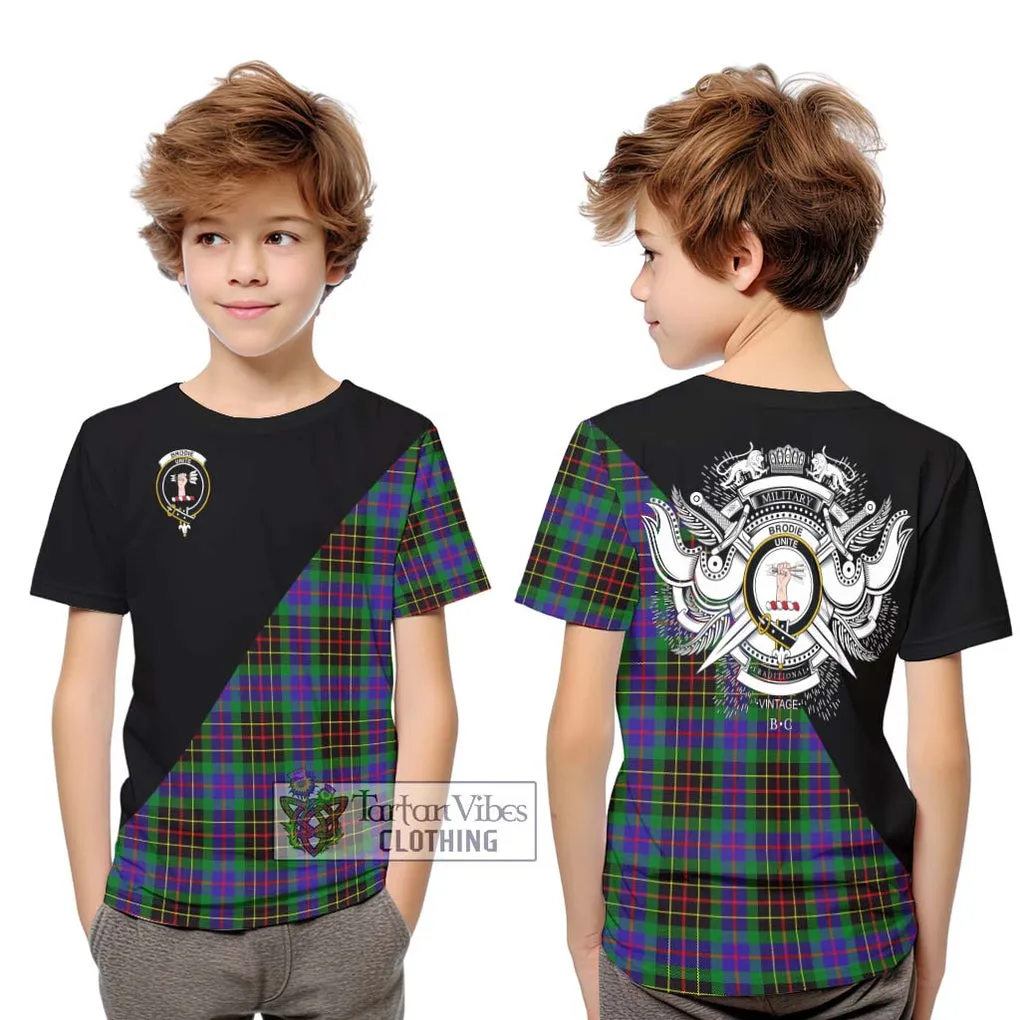 Brodie Hunting Modern Tartan Kid T-Shirt with Family Crest and Military Logo Style