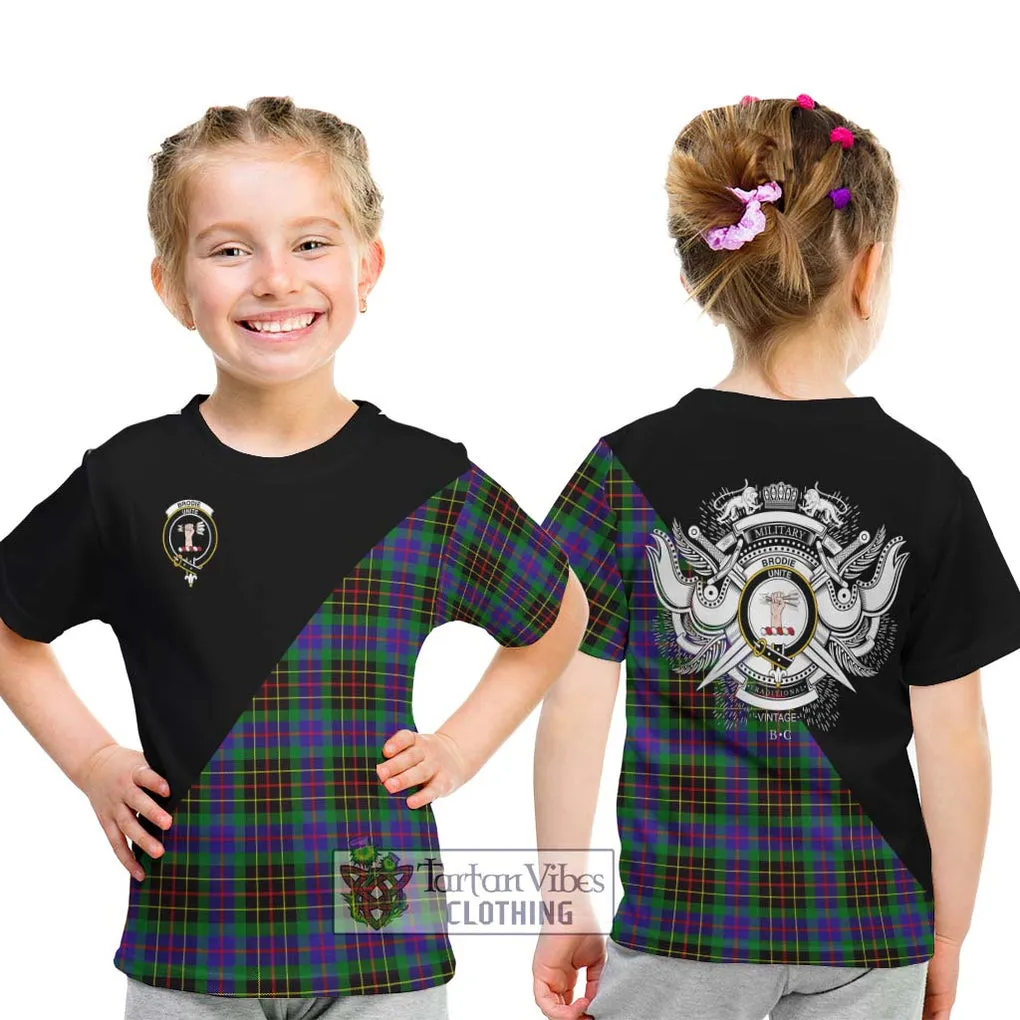 Brodie Hunting Modern Tartan Kid T-Shirt with Family Crest and Military Logo Style