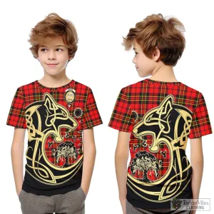 Brodie Modern Tartan Kid T-Shirt with Family Crest Celtic Wolf Style