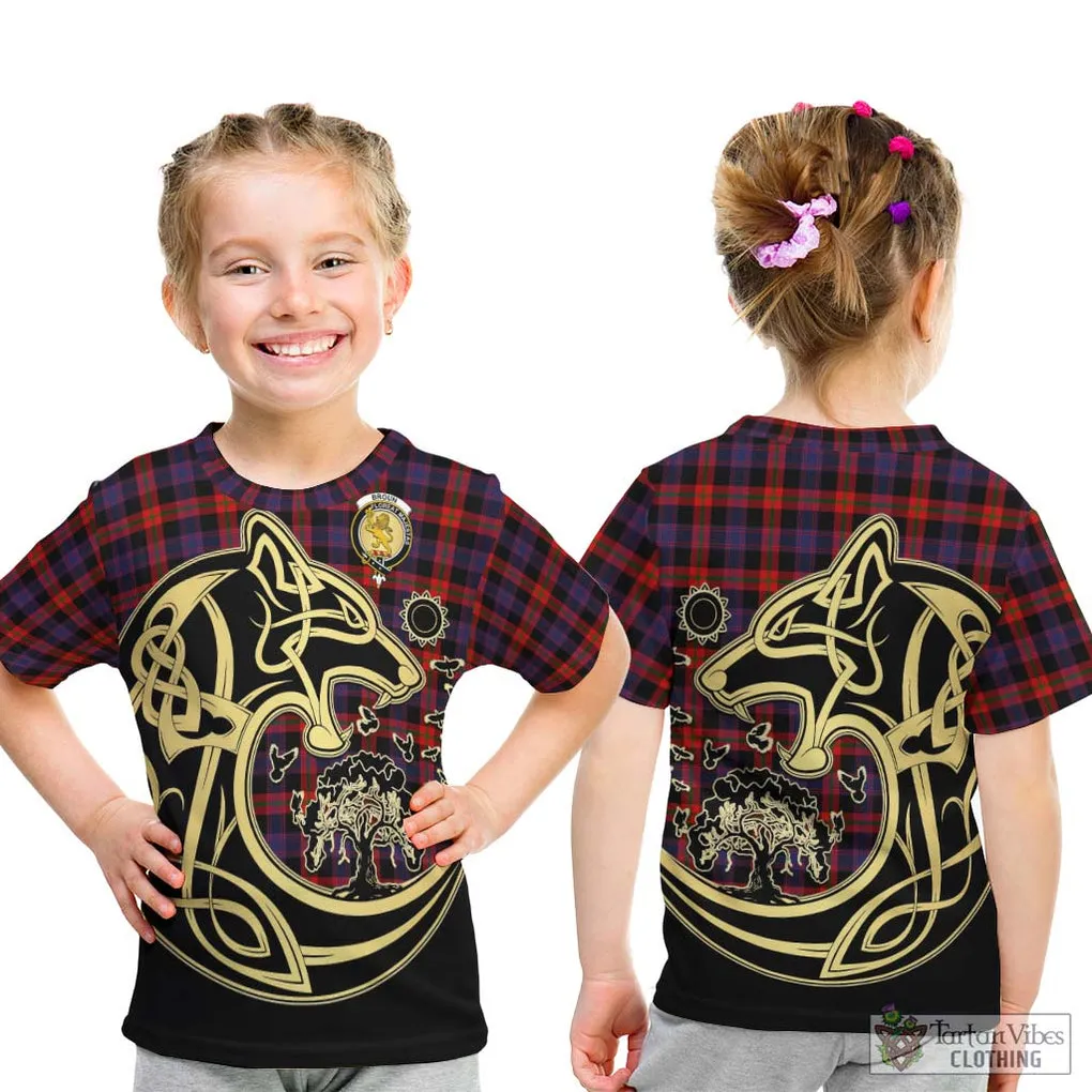 Broun Modern Tartan Kid T-Shirt with Family Crest Celtic Wolf Style