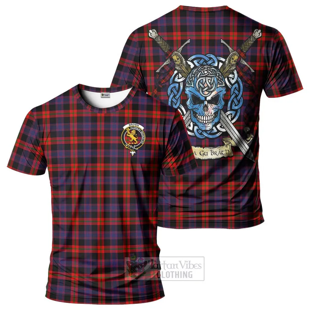 Brown (Broun) Tartan T-Shirt with Family Crest Celtic Skull Style