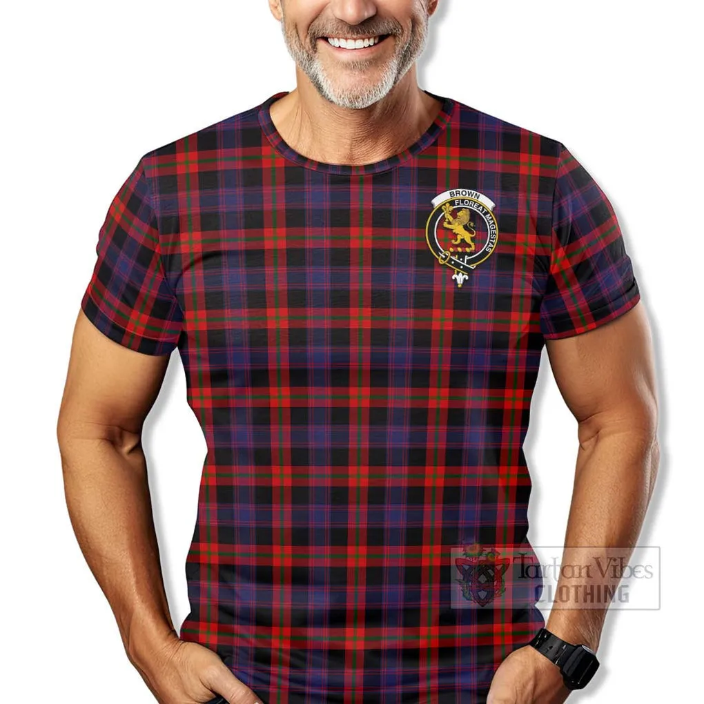 Brown (Broun) Tartan T-Shirt with Family Crest Celtic Skull Style