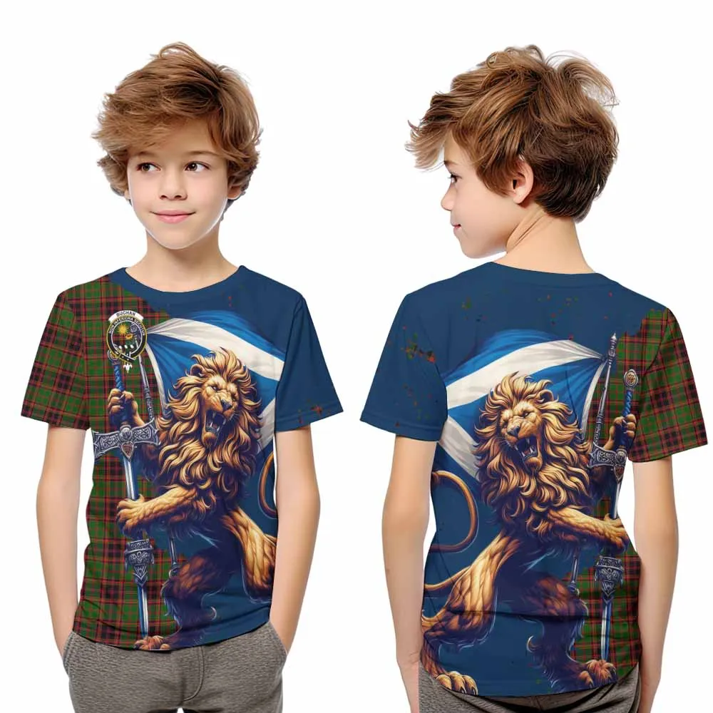 Buchan Tartan Family Crest Kid T-Shirt with Scottish Majestic Lion