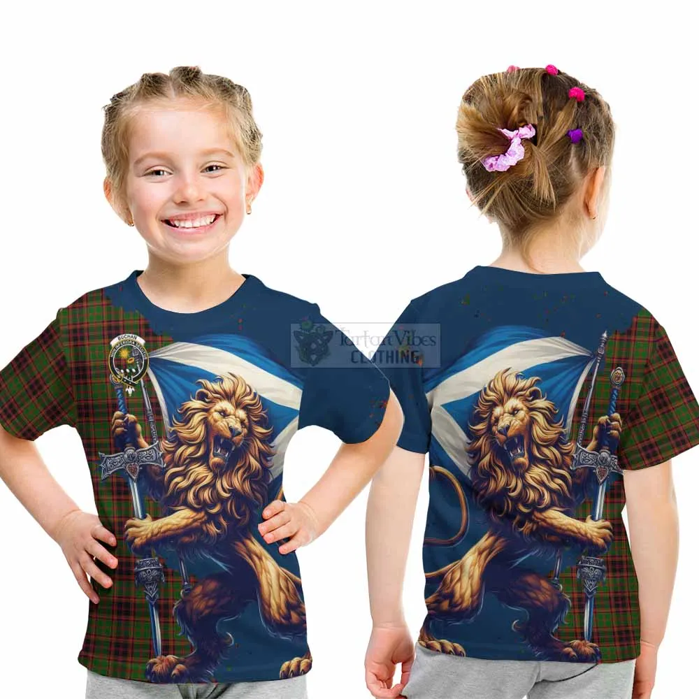 Buchan Tartan Family Crest Kid T-Shirt with Scottish Majestic Lion