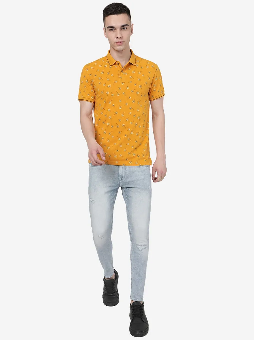 Butterscotch Yellow Printed Slim Fit Polo T-Shirt | Greenfibre