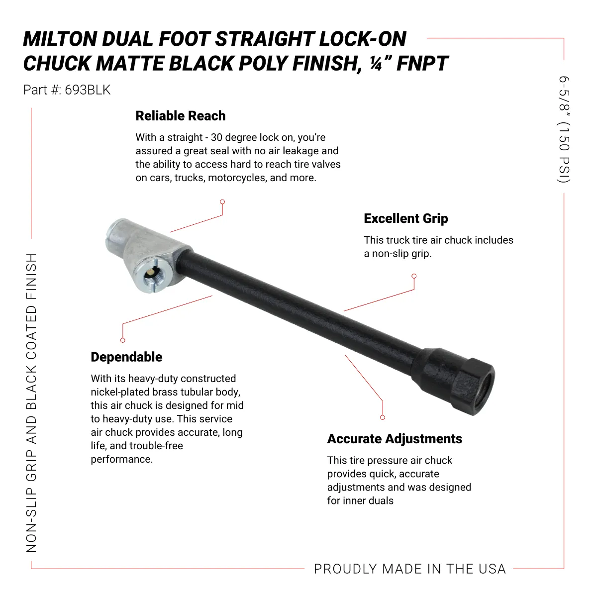 Dual Foot Straight Lock-On Chuck Matte Black Poly Finish, 1/4" FNPT