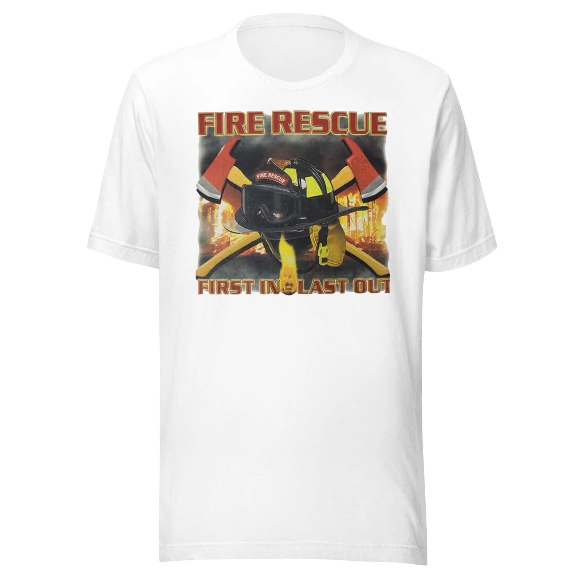 Fire Rescue T-shirt First in Last Out First Responder Short Sleeve Crew Neck Unisex Top