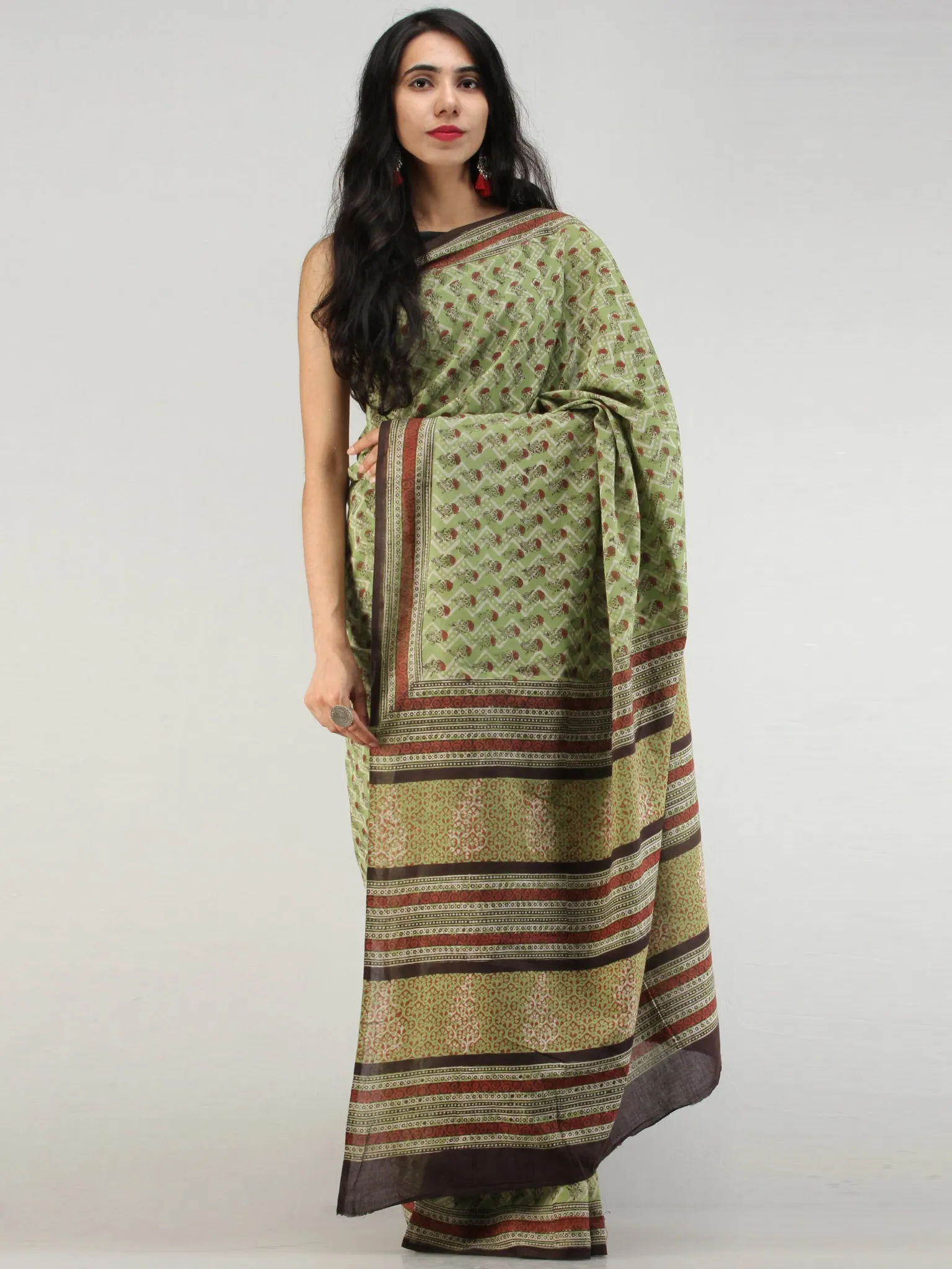 Green Rust Black Hand Block Printed  Cotton Mul Saree - S031704567