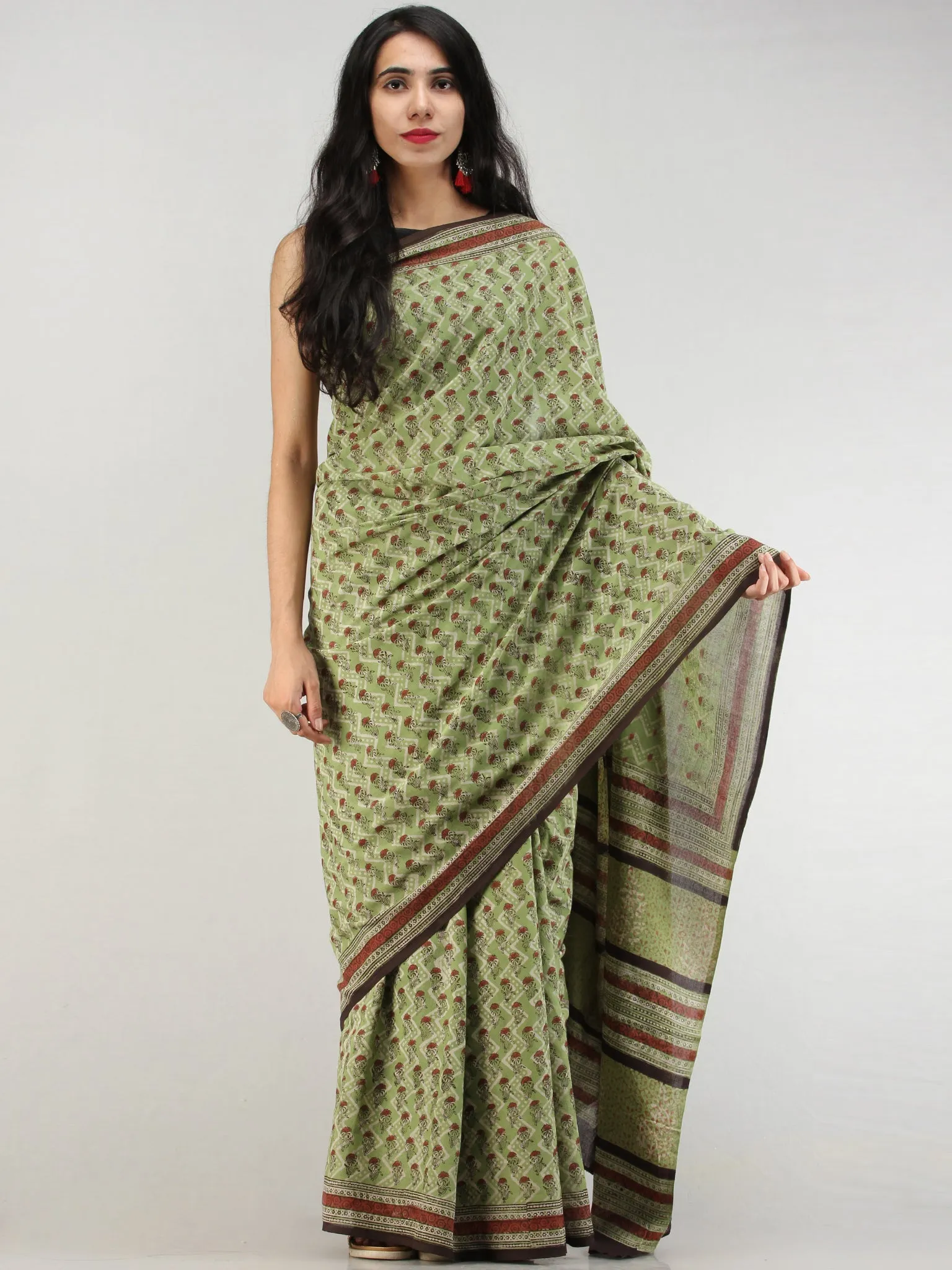 Green Rust Black Hand Block Printed  Cotton Mul Saree - S031704567