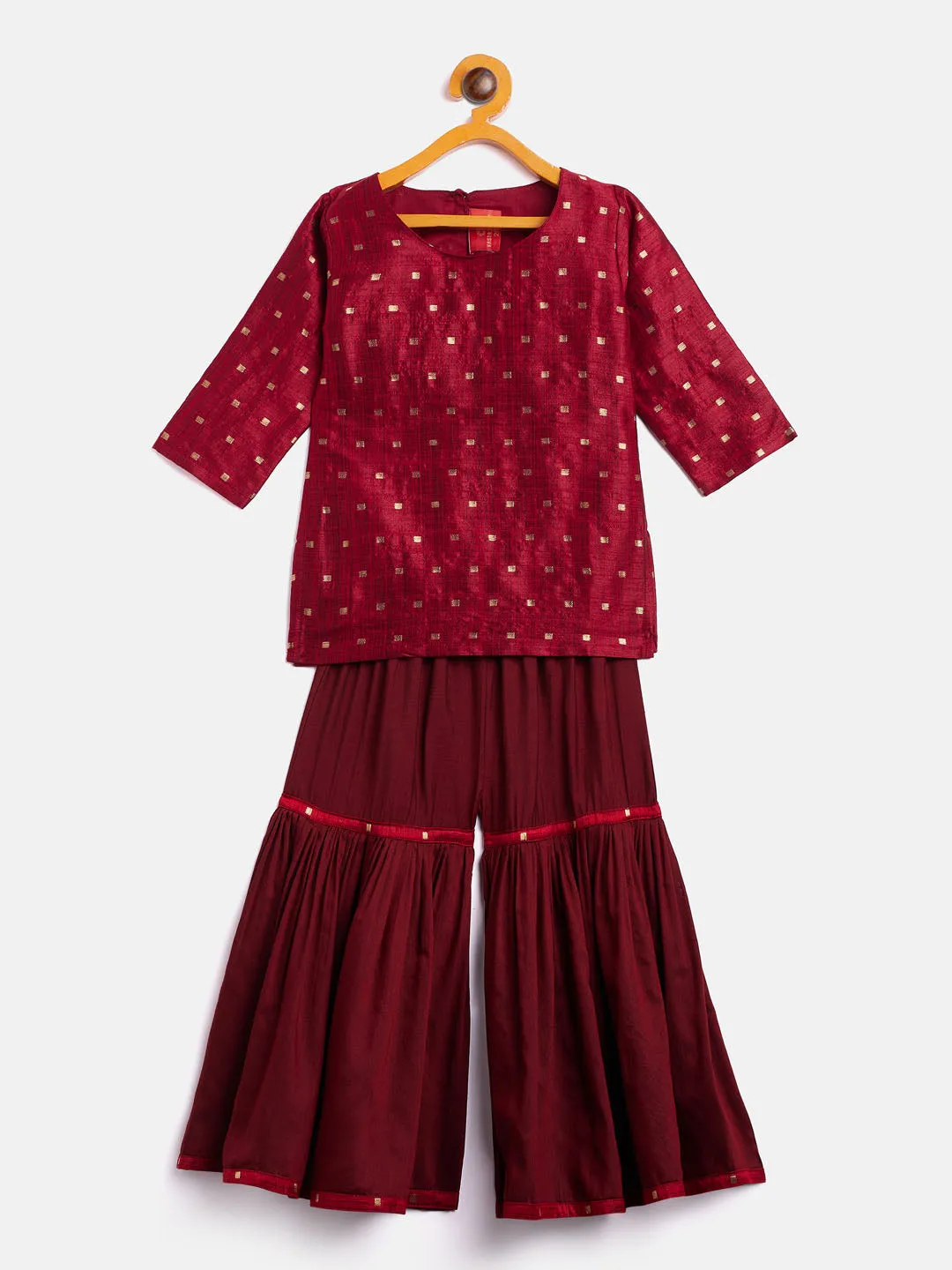 Jashvi SISHU Girls' Maroon Zari Kurta And Maroon Sharara Set