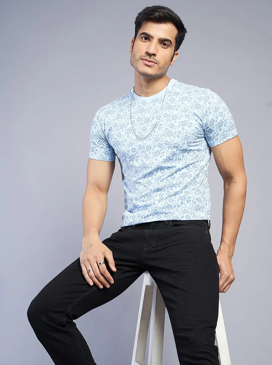 Light Blue Printed Slim Fit T-Shirt | JadeBlue