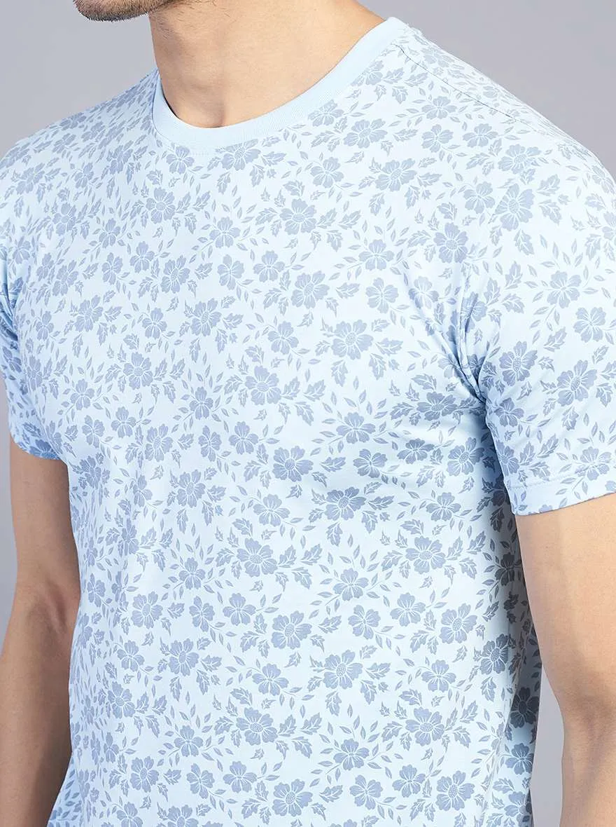 Light Blue Printed Slim Fit T-Shirt | JadeBlue