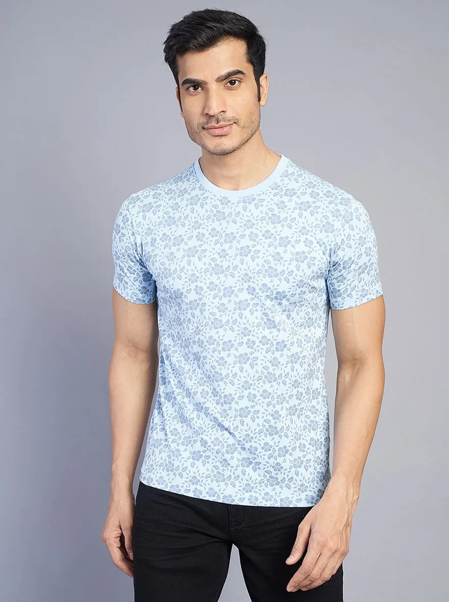 Light Blue Printed Slim Fit T-Shirt | JadeBlue