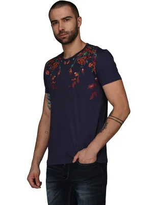 Navy Blue Printed Slim Fit Round Neck T-Shirt | JadeBlue