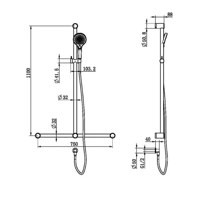 Nero Mecca Care 32mm T Bar Grab Rail and Adjustable Shower Set 1100x750mm Matte Black