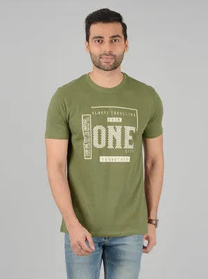 Olive Green Printed Slim Fit T-Shirt | Greenfibre