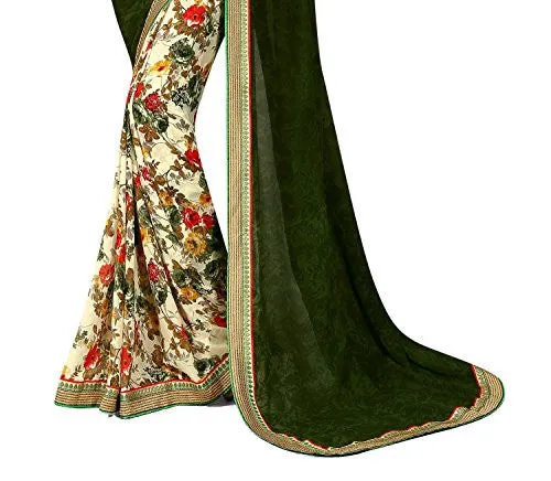 Oomph! Women's Georgette Sarees Party Wear/Fancy Georgette Sarees/Printed Georgette Sarees - Seaweed Green &amp; Buttermilk Beige