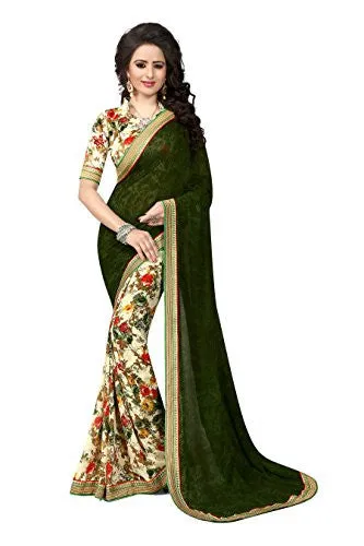 Oomph! Women's Georgette Sarees Party Wear/Fancy Georgette Sarees/Printed Georgette Sarees - Seaweed Green &amp; Buttermilk Beige