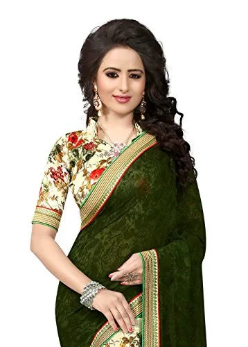 Oomph! Women's Georgette Sarees Party Wear/Fancy Georgette Sarees/Printed Georgette Sarees - Seaweed Green &amp; Buttermilk Beige