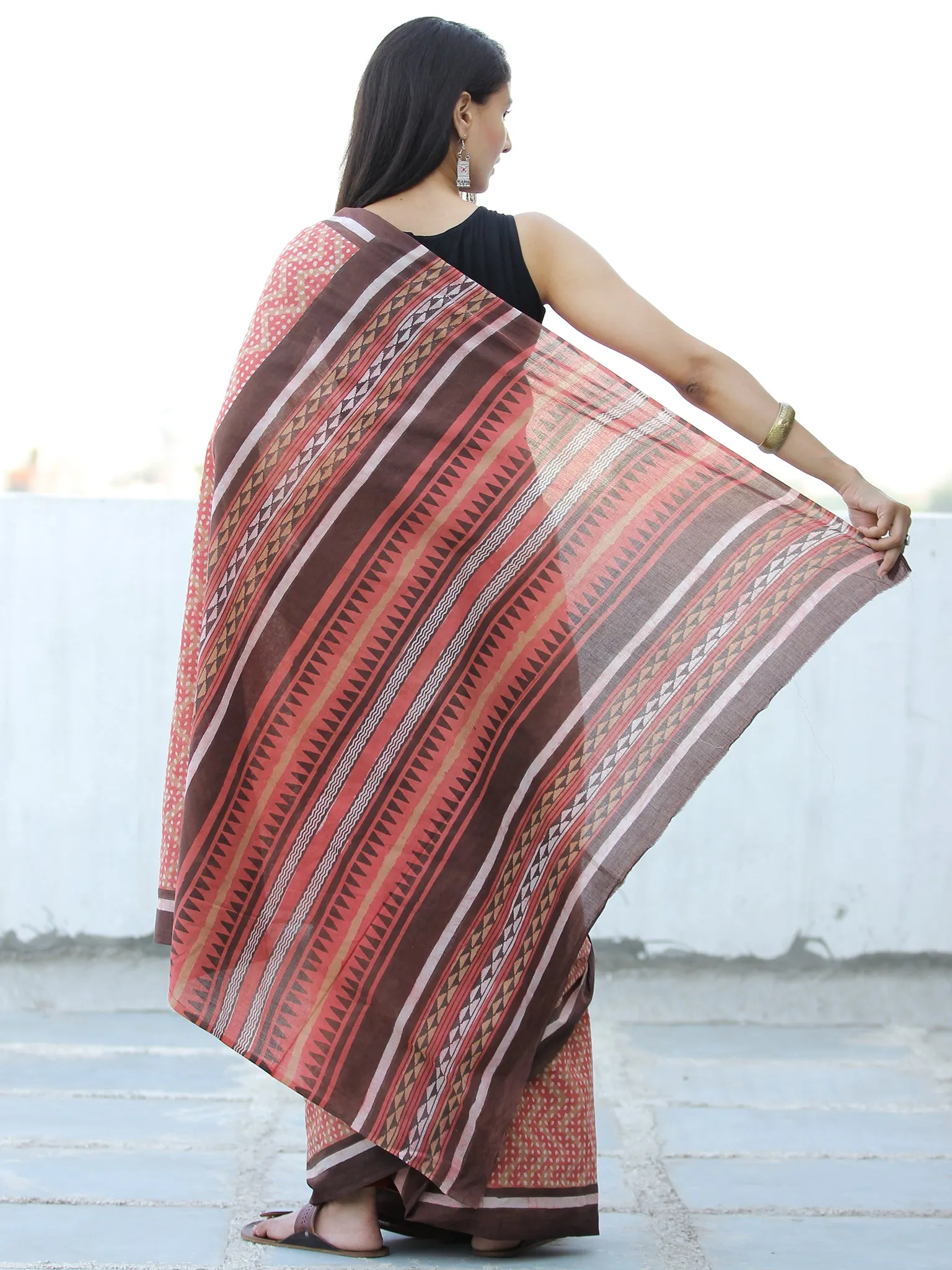 Peach Brown Hand Block Printed  Cotton Mul Saree - S031703977