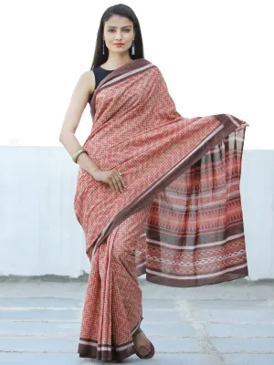 Peach Brown Hand Block Printed  Cotton Mul Saree - S031703977