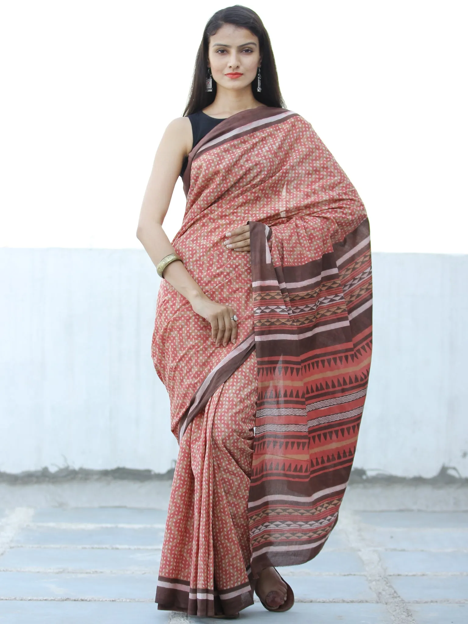 Peach Brown Hand Block Printed  Cotton Mul Saree - S031703977