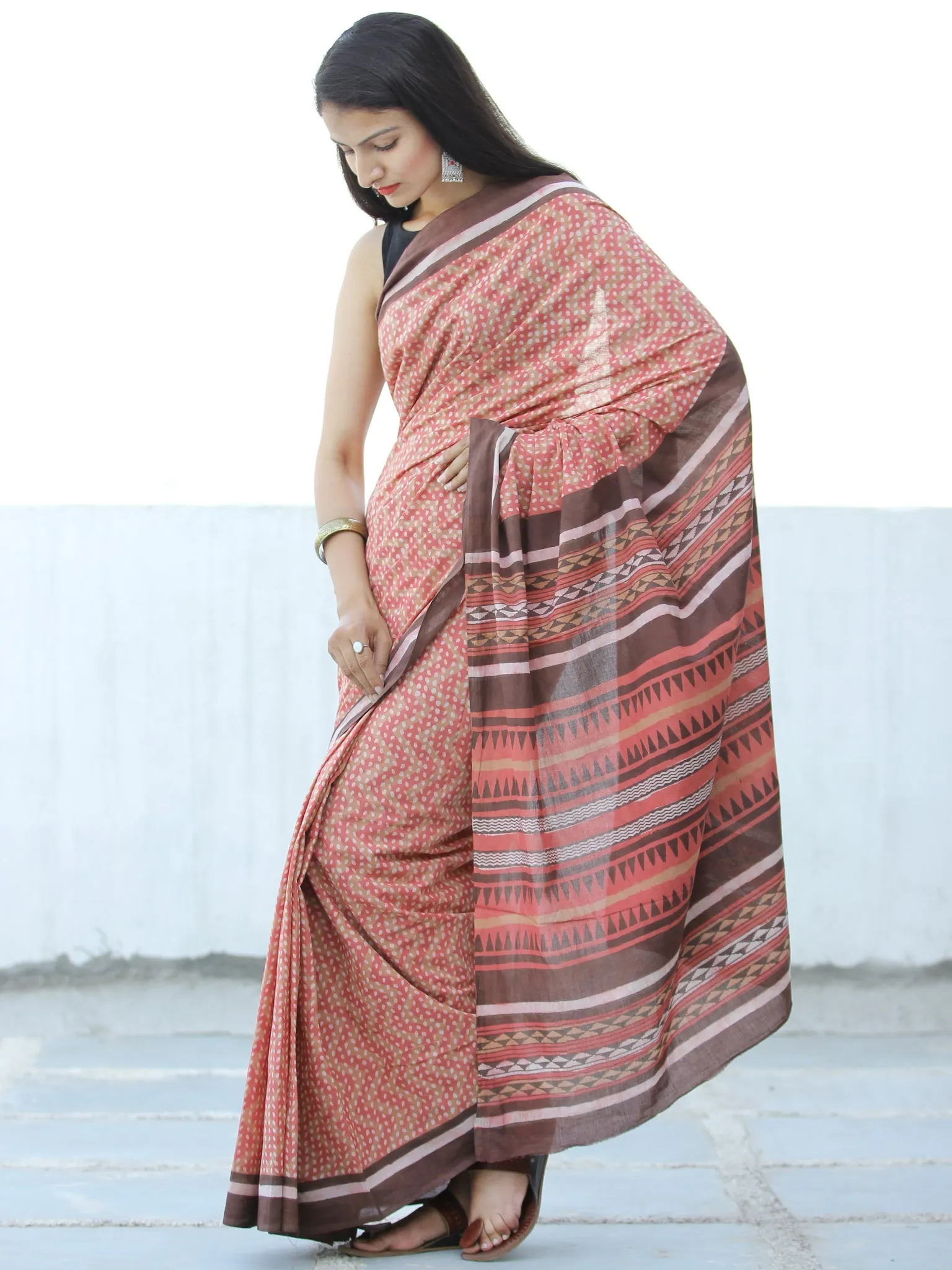 Peach Brown Hand Block Printed  Cotton Mul Saree - S031703977