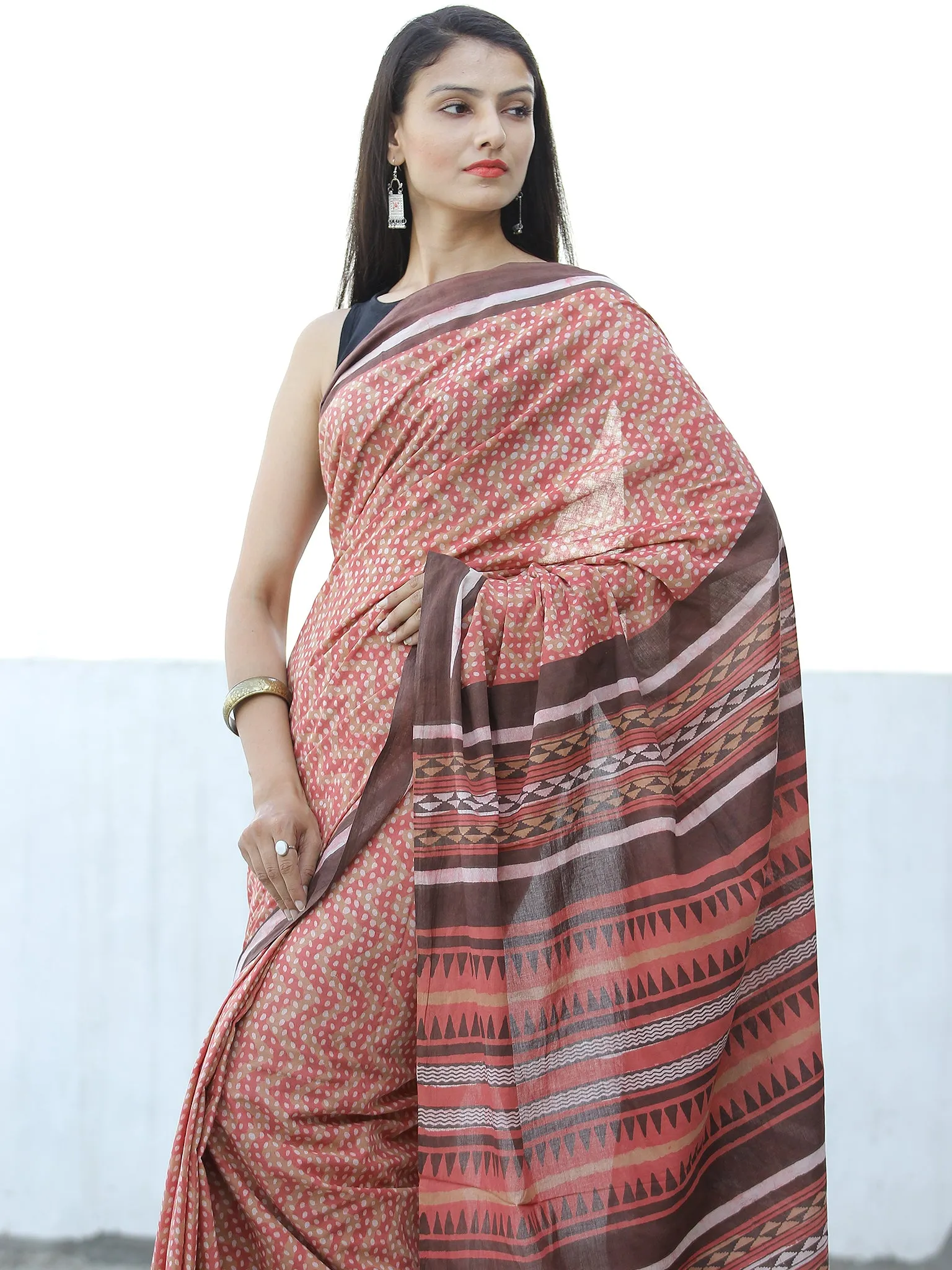 Peach Brown Hand Block Printed  Cotton Mul Saree - S031703977